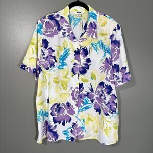 Alia Purple & Yellow Floral Hawaiian Button Up Shirt - 18 - Women's Plus Size